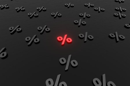 Percent symbols on black background 3d render. Concept of discounts, sales, seasonal promotions, black friday, singles day and shopping 1111. Sign percentの写真素材