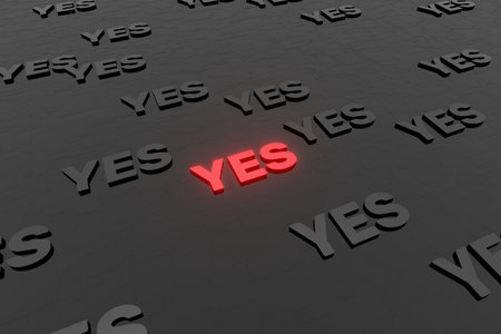 Yes symbol or yeah marks on black background 3d render. Say agree or like pattern. Positive approved viewsの写真素材