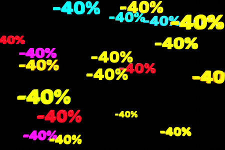 Colorful minus forty percent symbols fall down isolated on black background 3d render. Concept of discounts, sales, seasonal promotions, black friday, singles day and shopping 1111の写真素材
