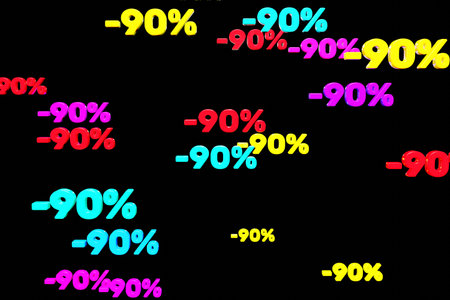 Colorful minus ninety percent symbols fall down isolated on black background 3d render. Concept of discounts, sales, seasonal promotions, black friday, singles day and shopping 1111の写真素材