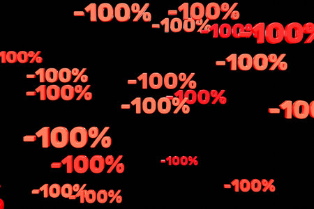 Red minus one hundred percent symbols fall down isolated on black background 3d render. Concept of discounts, sales, seasonal promotions, black friday, singles day and shopping 1111の写真素材
