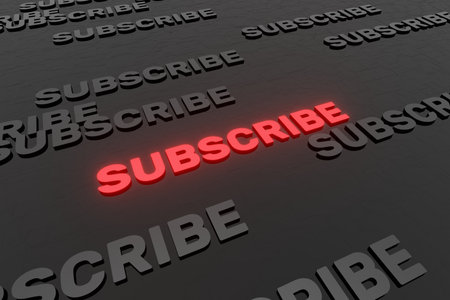 Subscribe button text on black background 3d render. Subscribe to this channel. Social network mediaの写真素材