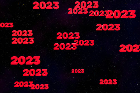 Red 2023 text fall down space with twinkling stars 3d render. Concept celebrate 2023 new year background symbolsの写真素材