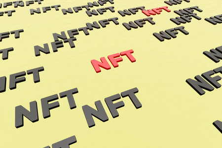 NFT crypto symbols icon on yellow background 3d render. Non fungible token of unique collectibles,...