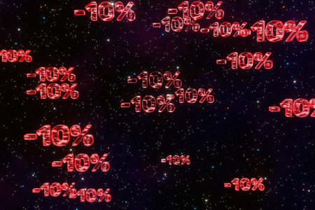 Red minus ten percent symbols fall down isolated on black background 3d render. Concept of discounts, sales, seasonal promotions, black friday, singles day and shopping 1111の写真素材