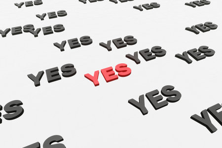Yes symbol or yeah marks on white background 3d render. Say agree or like pattern. Positive approved viewsの写真素材