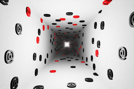 Email marks or at sign tunnel icon white background 3d render. At symbol, commercial at, or address sign social mediaの写真素材