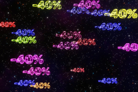 Colorful minus forty percent symbols fall down isolated on black background 3d render. Concept of discounts, sales, seasonal promotions, black friday, singles day and shopping 1111の写真素材
