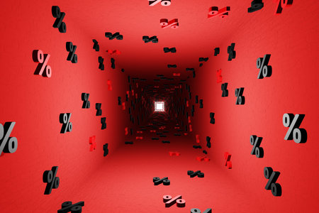 Percent symbols in red tunnel background 3d render. Concept of discounts, sales, seasonal promotions, black friday, singles day and shopping 1111. Sign percentの写真素材
