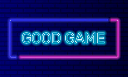 Neon sign good game in speech bubble frame on brick wall background vector. Light banner on the wall background. Good game button virtual reality concept, design template, night neon signboardのイラスト素材