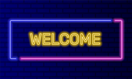 Neon sign welcome in speech bubble frame on brick wall background vector. Light banner on the wall background. Welcome button invitation to visit, design template, night neon signboardのイラスト素材