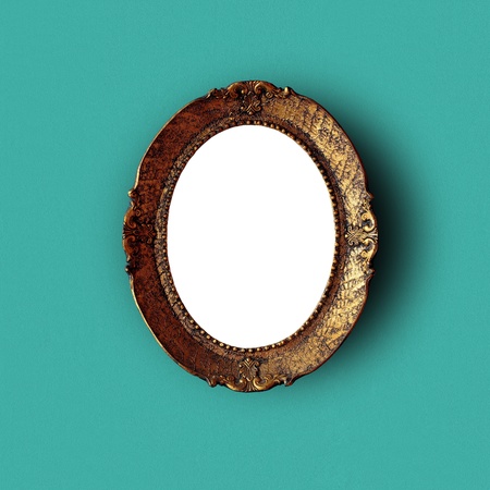 Antique art frame on green wall, with content cutout and with shadows. Included paths for cutting.の写真素材