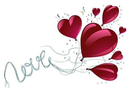 Flying Balloons in Shape of Hart With Curly Ribbonのイラスト素材
