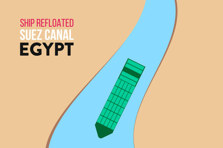 Ever given has been freed in Suez Canal. The effort to refloat large wedged container cargo ship by tug boats, dredger ship illustration. Giant cargo ship dislodged, refloated in Egyptian Suez canalのイラスト素材