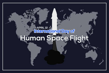 International Day of Human Space Flight vector. Map and spaceship icon vector isolated on a dark blue background. Day of Human Space Flight Poster, April 12. Important dayのイラスト素材