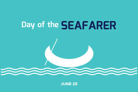 Day of the Seafarer typography vector. Fishing Boat vector illustration. Boat on a blue background.のイラスト素材