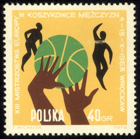 POLAND - CIRCA 1963 Various positions of ball, hands and players. Town Hall, Peoples Hall and Arms of Wroclaw, circa 1963のeditorial素材