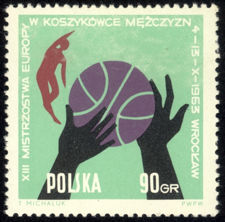 POLAND - CIRCA 1963 Various positions of ball, hands and players. Town Hall, Peoples Hall and Arms of Wroclaw, circa 1963のeditorial素材