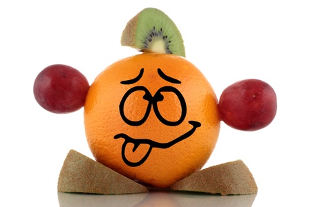 Boring diet. Funny fruit character on white background の写真素材
