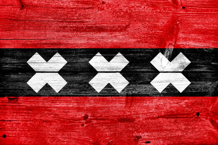 Amsterdam City Flag painted on old wood plank backgroundの写真素材