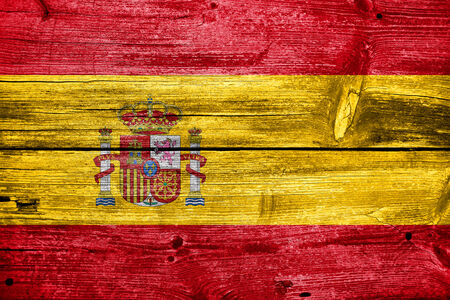 Spain Flag painted on old wood plank textureの写真素材