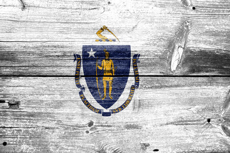 Massachusetts State Flag painted on old wood plank textureの写真素材