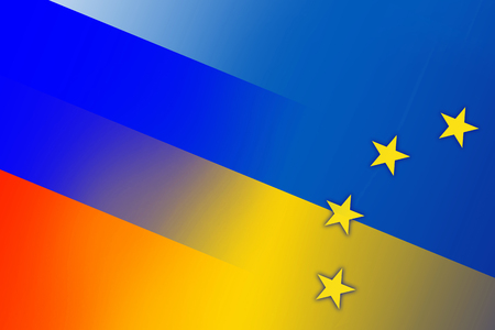Ukraine, EU and Russia Flag. Close up.の写真素材