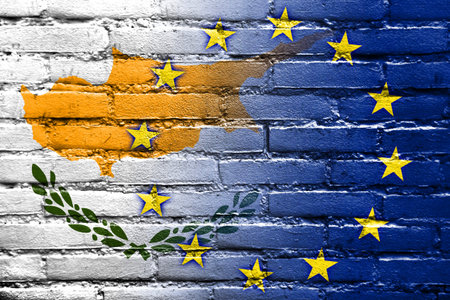 Cyprus and European Union Flag painted on brick wallの写真素材