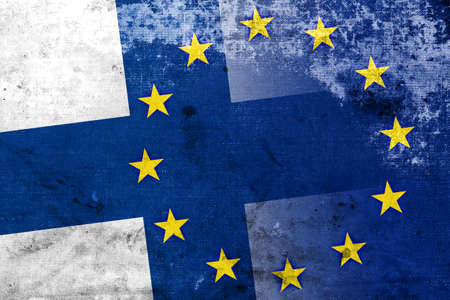 Finland and European Union Flag with a vintage and old lookの写真素材