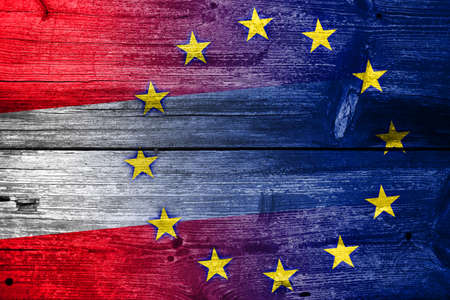Austria and European Union Flag painted on old wood plank textureの写真素材