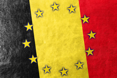 Belgium and European Union Flag painted on leather textureの写真素材