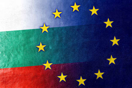 Bulgaria and European Union Flag painted on leather textureの写真素材