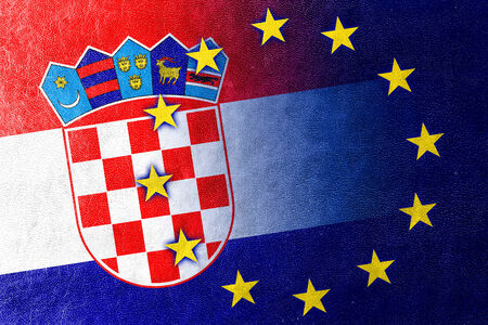 Croatia and European Union Flag painted on leather textureの写真素材