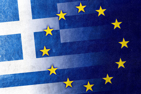 Greece and European Union Flag painted on leather textureの写真素材