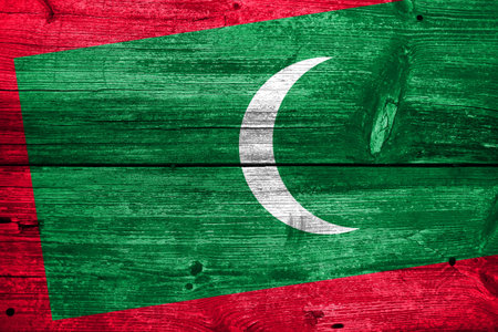 Maldives Flag painted on old wood plank textureの写真素材