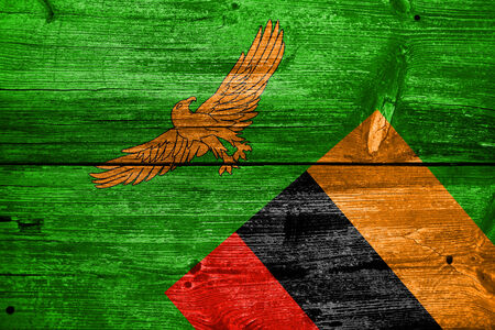 Zambia Flag painted on old wood plank textureの写真素材