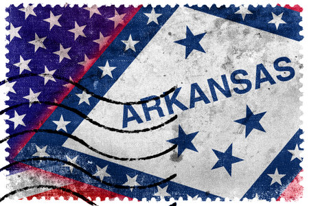 USA and Arkansas State Flag - old postage stampの写真素材