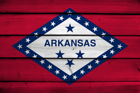 Arkansas State Flag on wood backgroundの写真素材