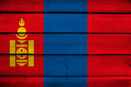 Mongolia Flag on wood backgroundの写真素材
