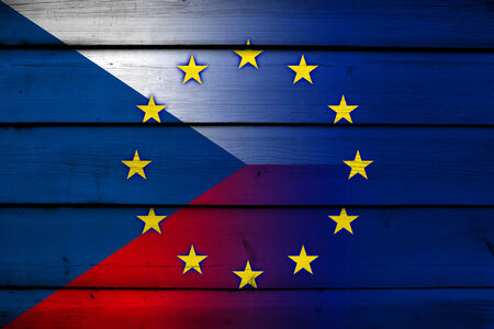 Czech Republic and European Union Flag on wood backgroundの写真素材