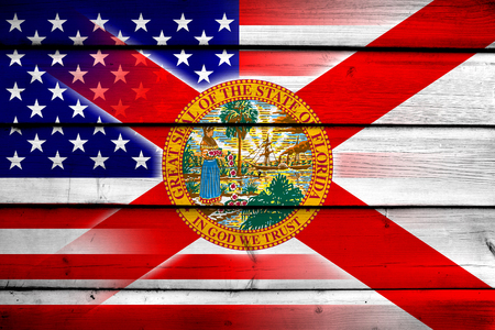 USA and Florida State Flag on wood backgroundの写真素材