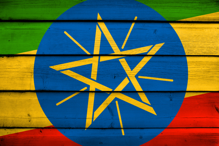 Ethiopia Flag on wood backgroundの写真素材