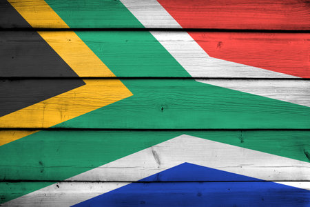 South Africa Flag on wood backgroundの写真素材