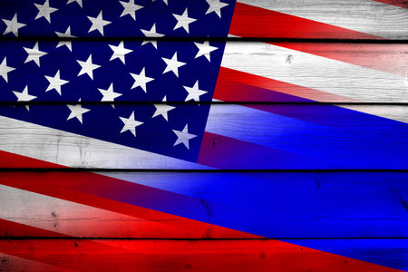 USA and Russia Flag on wood background