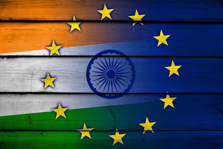 India and European Union Flag on wood backgroundの写真素材