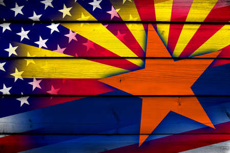 USA and Arizona State Flag on wood backgroundの写真素材