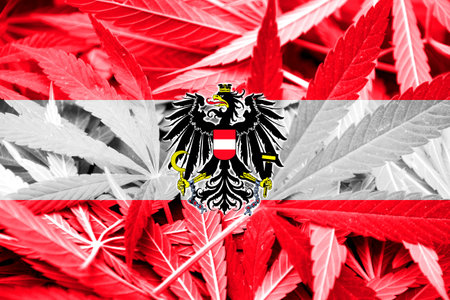 Austria Flag on cannabis background. Drug policy. Legalization of marijuanaの写真素材