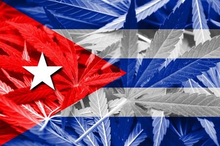 Cuba Flag on cannabis background. Drug policy. Legalization of marijuanaの写真素材