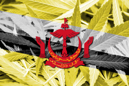 Brunei Flag on cannabis background. Drug policy. Legalization of marijuanaの写真素材