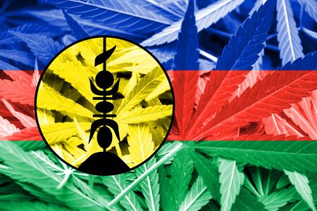 New Caledonia Flag on cannabis background. Drug policy. Legalization of marijuanaの写真素材